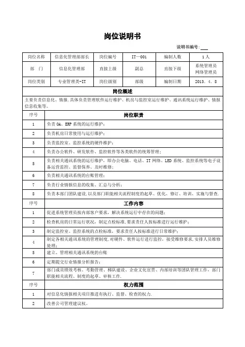 信息化管理部-部长岗位说明书