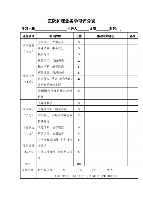 医院护理业务学习评分表