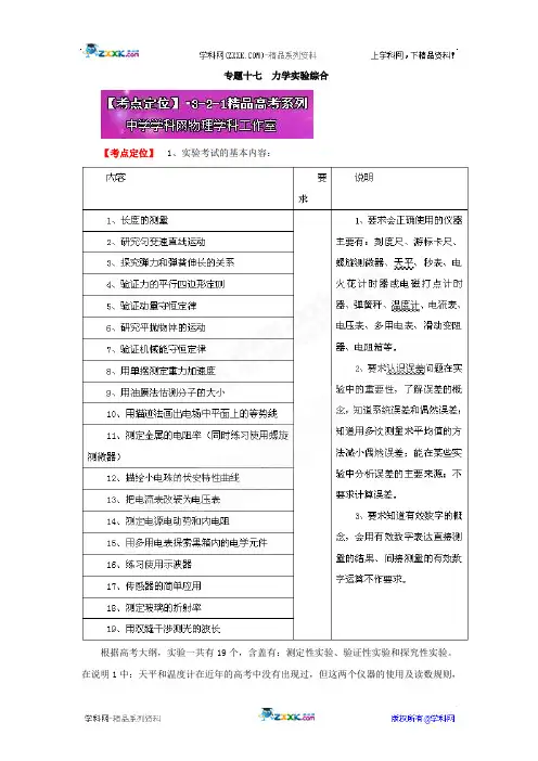 学科网3年高考2年模拟1年原创精品高考物理系列专题17——力学实验综合(教师版)