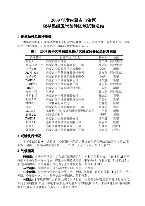 极早熟组玉米品种区域试验总结