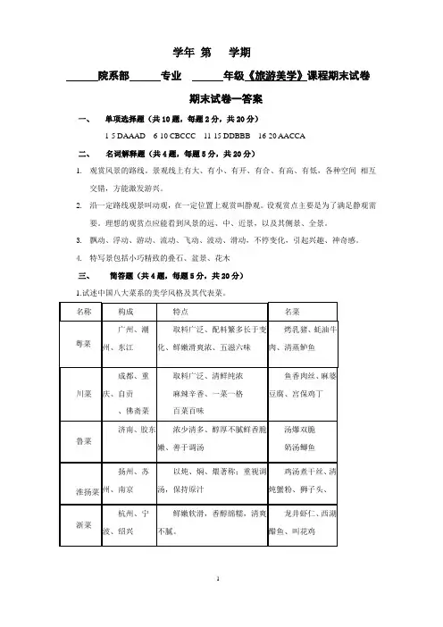 《旅游美学》试卷试卷1答案期末考试卷 模拟测试题