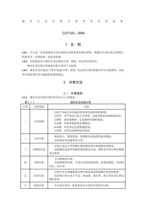 CJT城市生活垃圾分类及其评价标准
