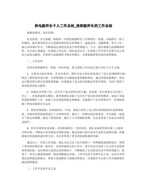 供电副所长个人工作总结_挂职副所长的工作总结