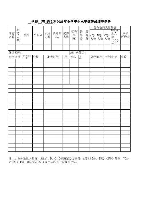语文科2023年小学毕业水平调研成绩登记册