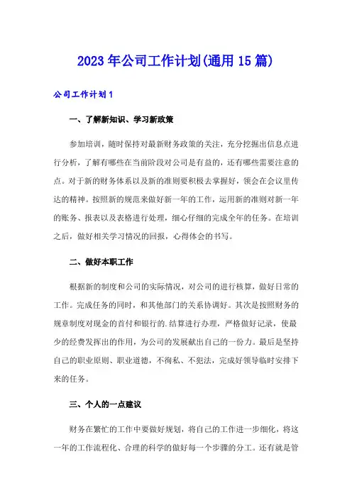 2023年公司工作计划(通用15篇)