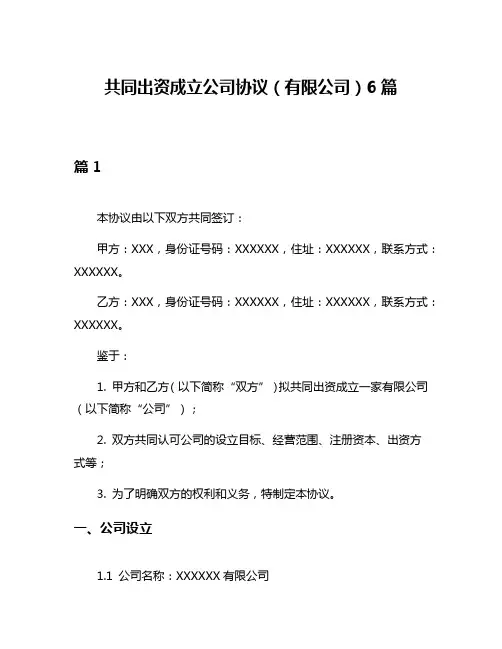 共同出资成立公司协议(有限公司)6篇
