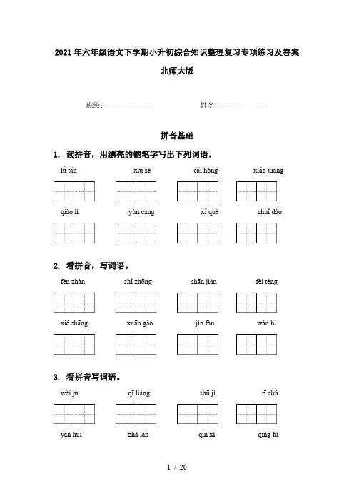 2021年六年级语文下学期小升初综合知识整理复习专项练习及答案北师大版