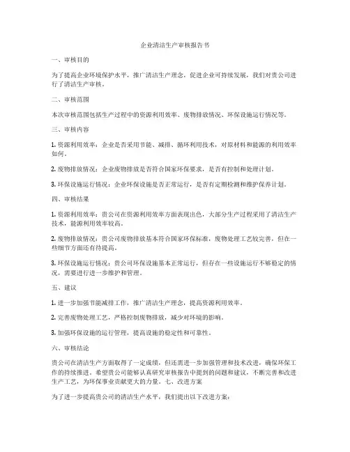 企业清洁生产审核报告书