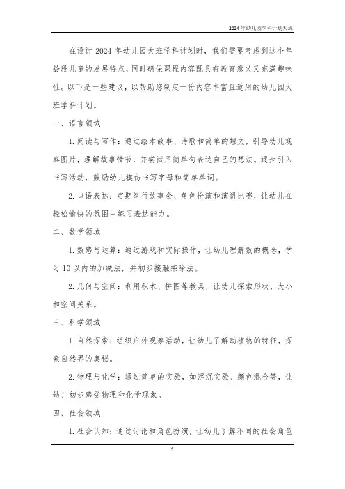 2024年幼儿园学科计划大班