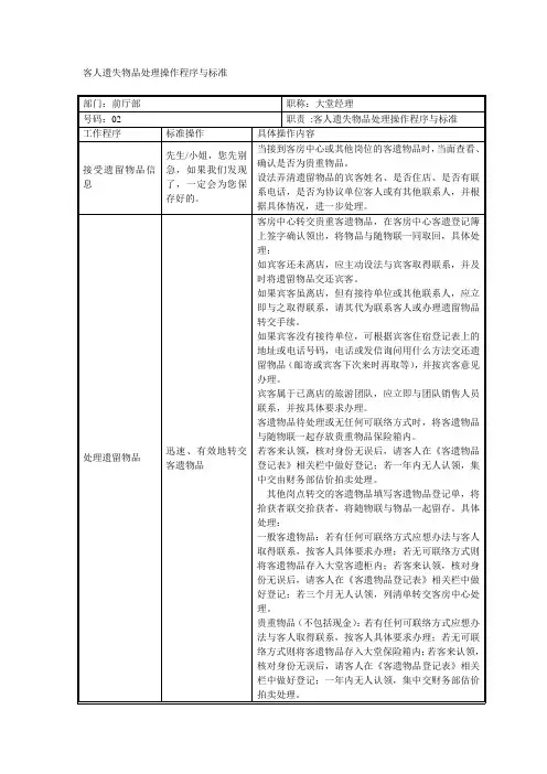 客人遗失物品处理操作程序与标准