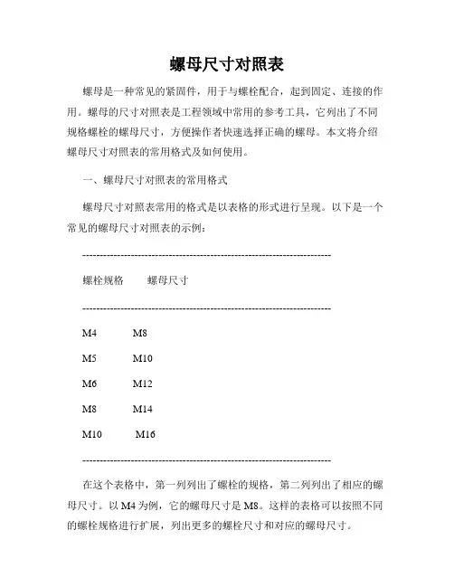 螺母尺寸对照表