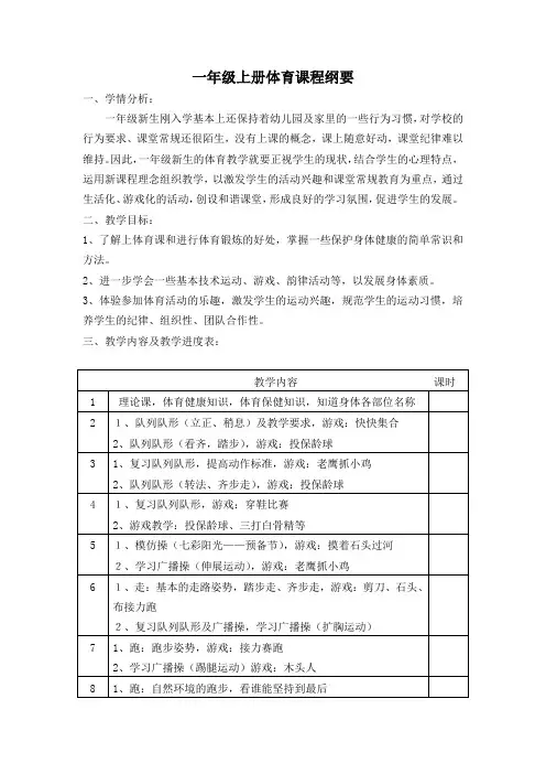 一年级上册体育课程纲要