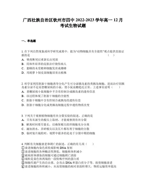 广西壮族自治区钦州市四中2022-2023学年高一12月考试生物试题