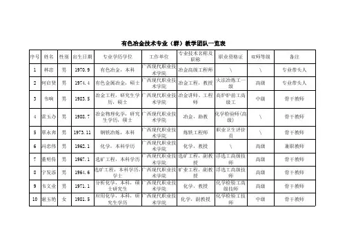 有色冶金技术专业(群)教学团队一览表