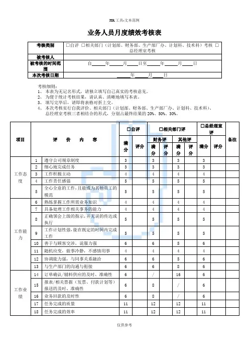 业务人员月度绩效考核表