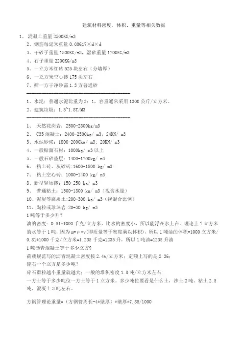 建筑材料密度、体积、重量数据表