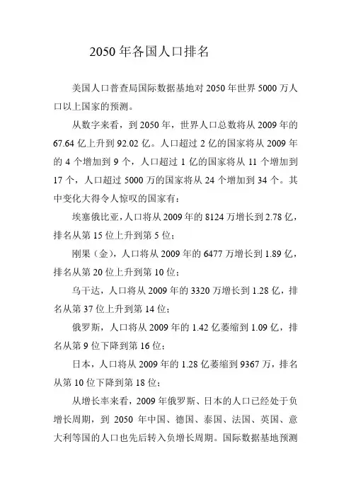 2050年各国人口排名