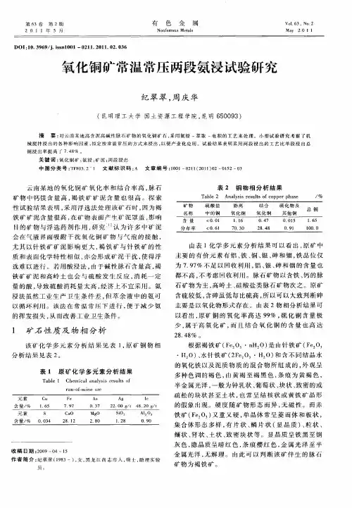 氧化铜矿常温常压两段氨浸试验研究