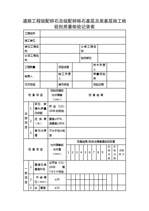 道路工程级配碎石及级配碎砾石基层及底基层施工检验批质量检验记录表