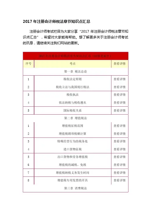 2017年注册会计师税法章节知识点汇总