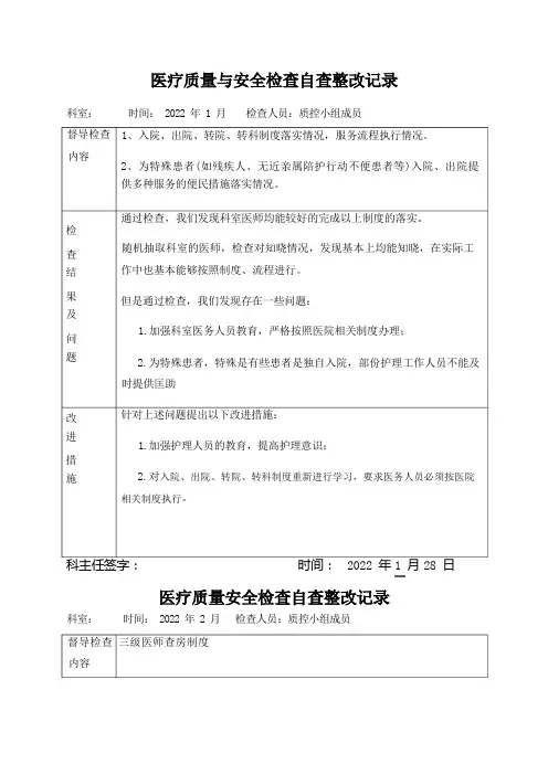 医疗质量安全检查自查整改记录