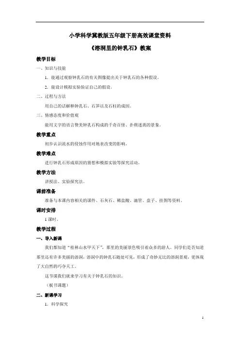 小学科学冀教版五年级下册高效课堂资料《溶洞里的钟乳石》教案