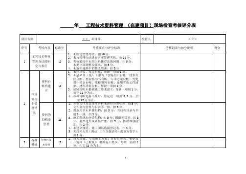 公司工程技术资料现场检查考核评分表
