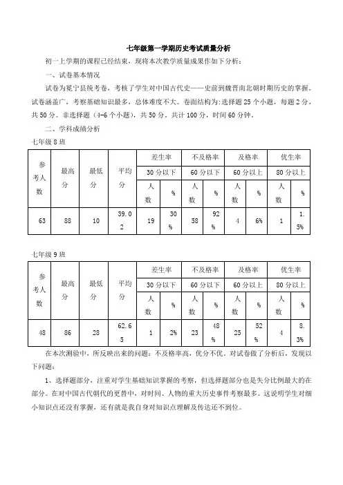 七年级第一学期历史考试质量分析