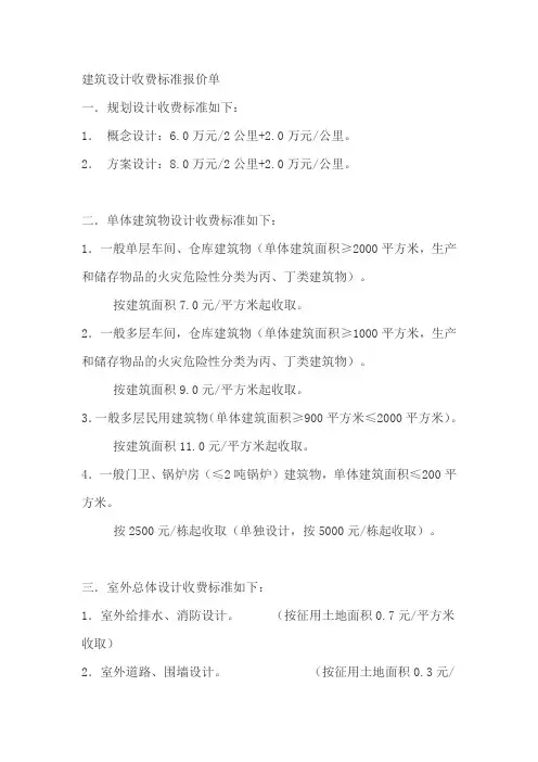 建筑设计收费标准报价单