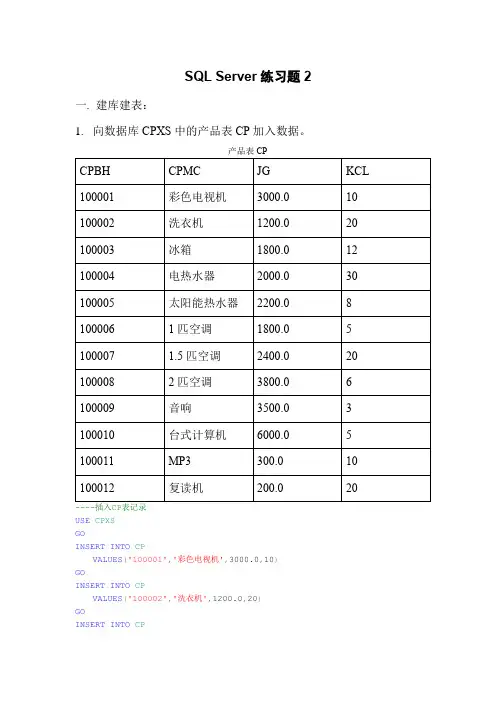 SQL-Server2012综合练习题2 - 参考答案
