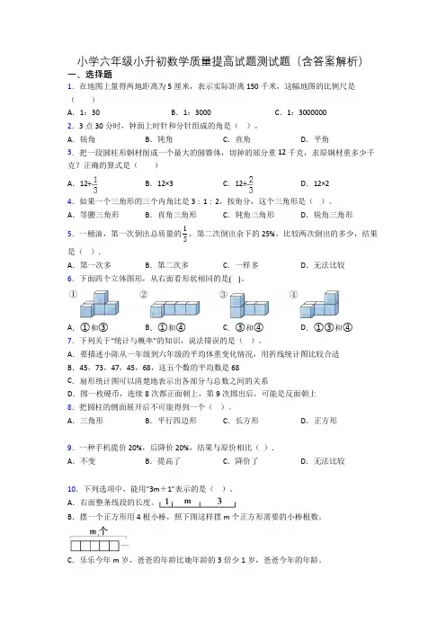 小学六年级小升初数学质量提高试题测试题(含答案解析)
