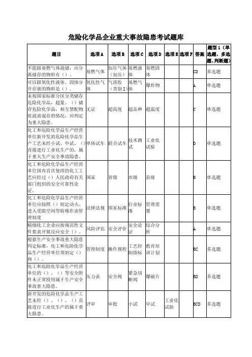 (修订版)危险化学品企业重大事故隐患考试题库