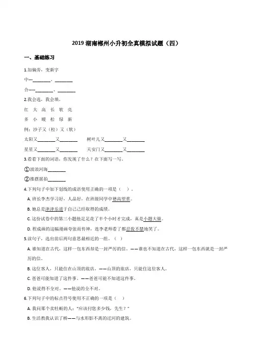 六年级下册语文试题--2019湖南郴州小升初全真模拟试题(四) 湘教版 (含答案)