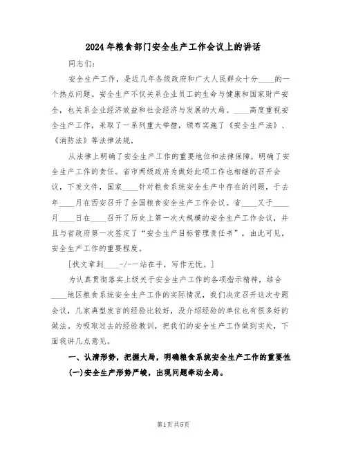 2024年粮食部门安全生产工作会议上的讲话(二篇)