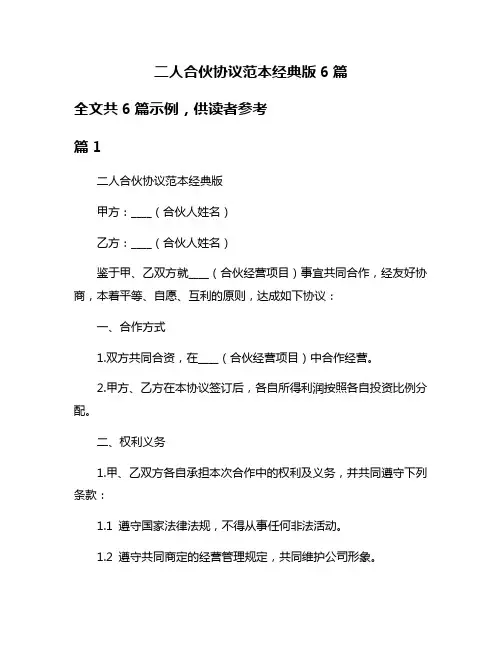 二人合伙协议范本经典版6篇
