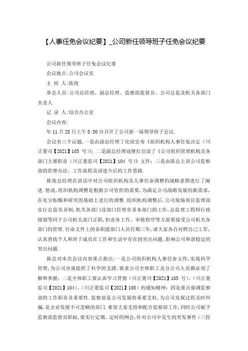 【人事任免会议纪要】_公司新任领导班子任免会议纪要
