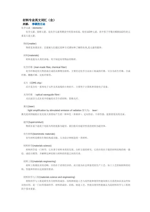 材料专业英文词汇