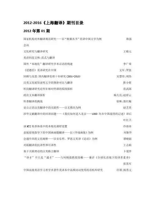 2012-2016《上海翻译》期刊目录-整理