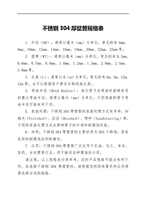 不锈钢304厚壁管规格表