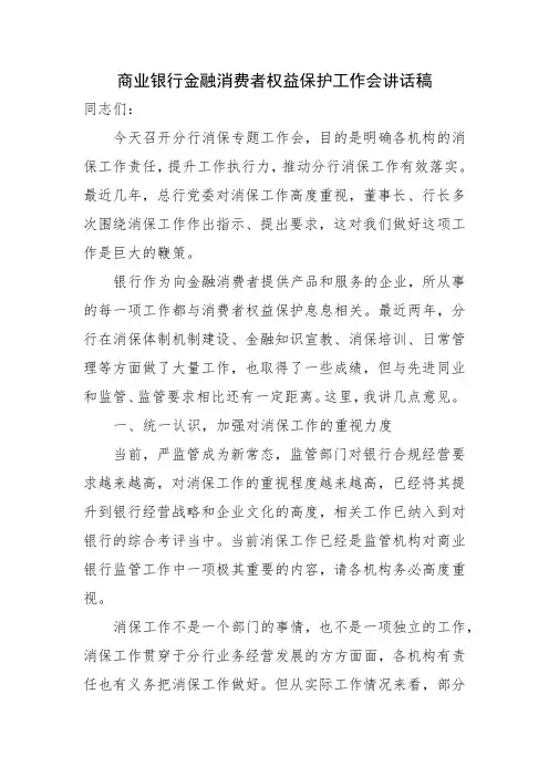 商业银行金融消费者权益保护工作会讲话稿