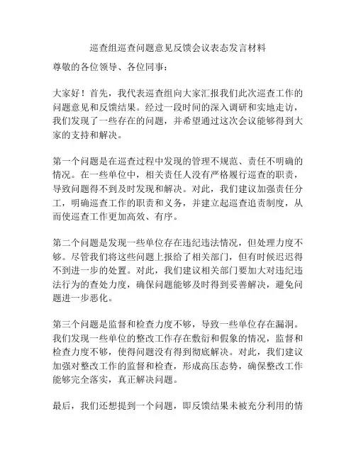 巡查组巡查问题意见反馈会议表态发言材料