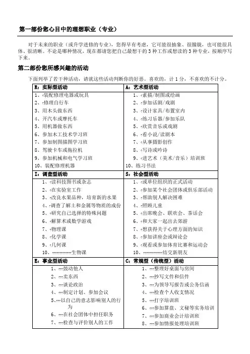 霍兰德职业兴趣量表完整版带完整解释