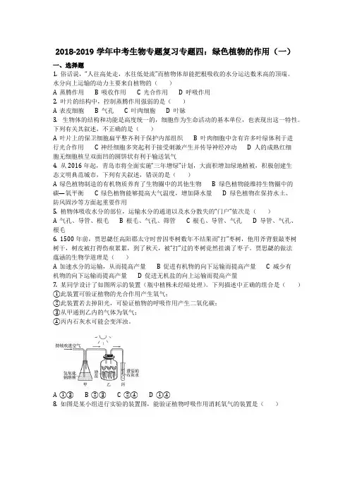 生物_2018-2019学年中考生物专题复习专题四：绿色植物的作用(一)(含答案)