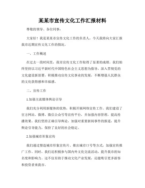 某某市宣传文化工作汇报材料