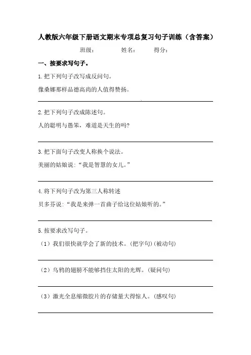 人教版六年级下册语文期末专项总复习句子训练(含答案)
