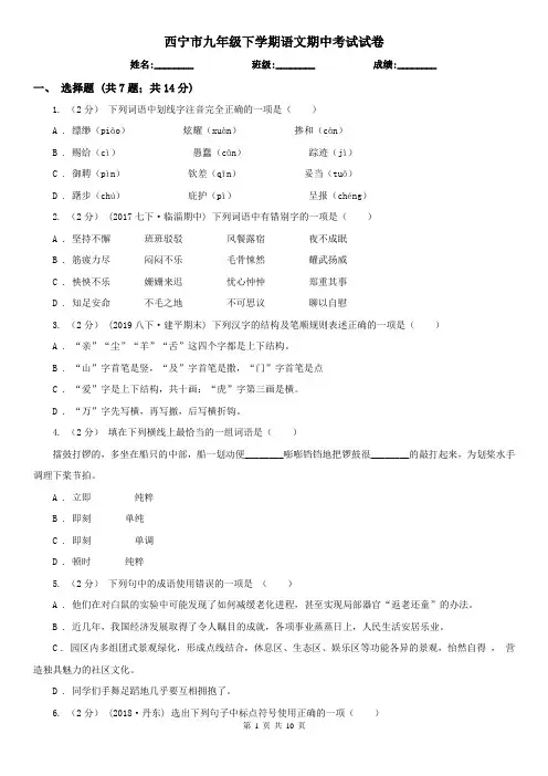 西宁市九年级下学期语文期中考试试卷