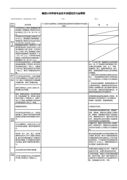 集团公司申报专业技术资格经历与业绩表