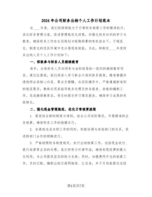 2024年公司财务出纳个人工作计划范本（四篇）