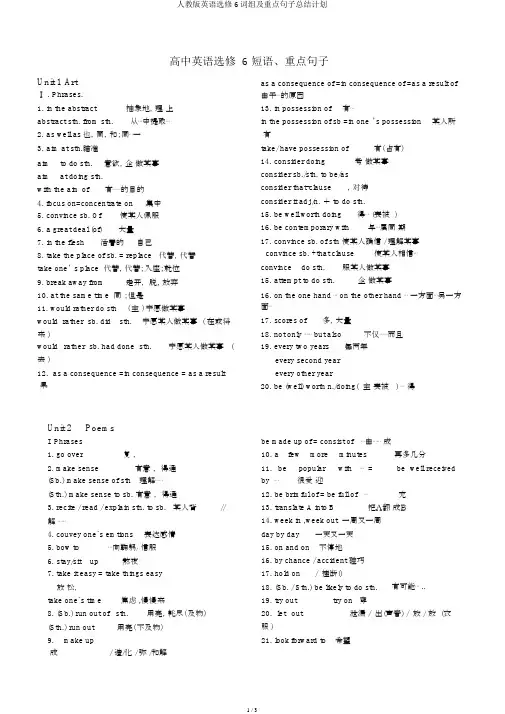 人教版英语选修6词组及重点句子总结计划