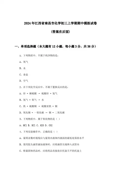 江西省南昌市化学初三上学期期中试卷及答案指导(2024年)